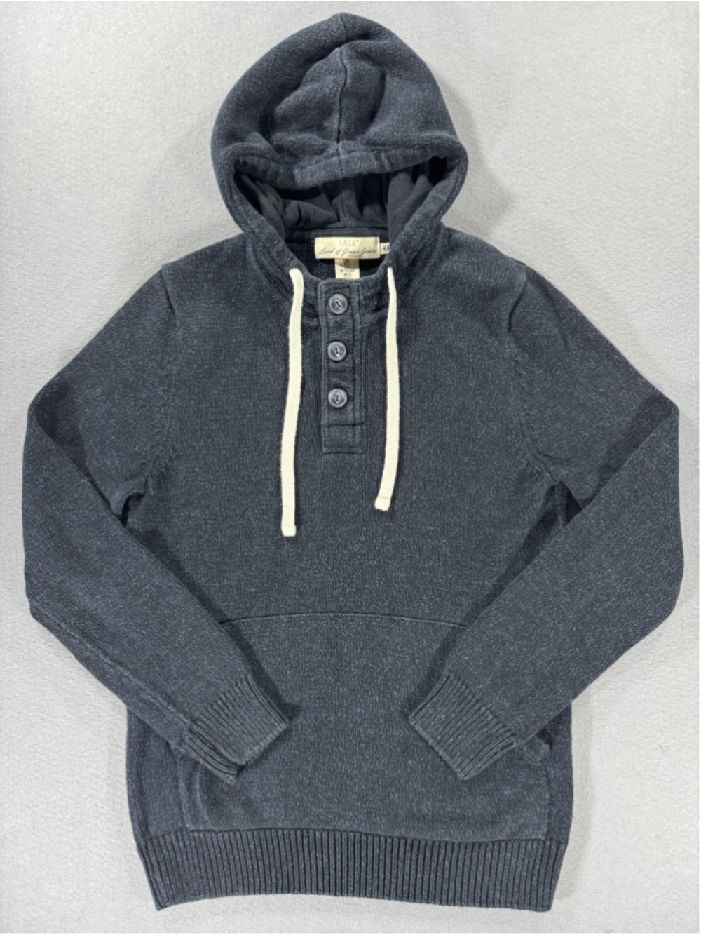 HM LOGG Mens Knit Henley Hoodie Sweater Small Charcoal Blue Gray Cotton Pullover